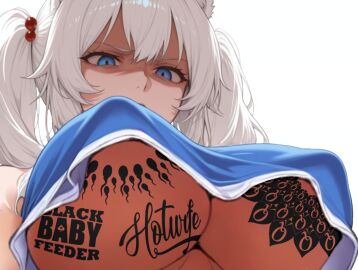 ai_generated blacked breasts cheerleader disgusted female fox fox_girl kirsche_verstahl large_breasts pathetic qos qos_tattoo queen_of_spades text underboob virtual_youtuber white_hair youtube