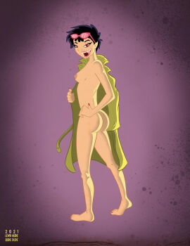 asian asian_female ass black_hair breasts fangs female jacket jubilation_lee jubilee lewdnuderudedude looking_at_viewer looking_back marvel marvel_comics nude pointed_ears red_eyes sunglasses sunglasses_on_head tongue tongue_out vampire_fangs vampire_girl x-men