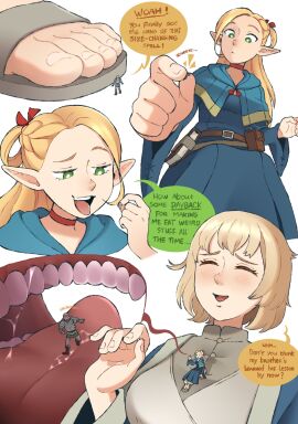 1boy 2d 2girls blonde_hair color dungeon_meshi elf falin_touden female giantess human inside_mouth laios_touden larger_female male marcille_donato mouth_play on_chest pointy_ears punishedmosquito reverse_mouth_shot sandals size_difference smaller_female smaller_male smug text vore