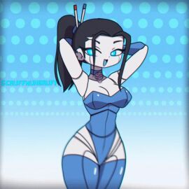 alternate_version_available animated animated_gif arms_behind_head beepo_(chunkymoon) chunkymoon dancing female leotard looking_at_viewer ponytail_female robot_girl scruffmuhgruff thighhighs