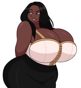 2d 2d_(artwork) 2d_artwork artjwink black_hair breasts breasts_bigger_than_head curvaceous curvaceous_body curvaceous_female curvaceous_figure curvy curvy_figure dark-skinned_female dark_skin digital_drawing_(artwork) digital_media_(artwork) enormous_breasts female green_eyes hands_behind_back hips hips_wider_than_shoulders human human_female jwinkz kissable_lips large_breasts lips long_hair looking_pleasured pleasure_face sexy sexy_body simple_background slightly_chubby slightly_chubby_female smile smiling summer_(jwinkz) thick_body white_background wide_hips