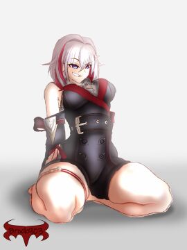 artist_logo artist_name bare_legs bare_shoulders bare_thighs barefoot belt big_thighs brock903 feet female honkai:_star_rail hoyoverse legs light-skinned_female light_skin mihoyo on_knees posted_by_artist purple_eyes red_strand_of_hair self_upload short_hair sleeveless sleeves smile smirk smirking solo solo_female solo_focus thighs topaz_(honkai:_star_rail) white_background white_hair wide_hips