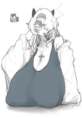 1girls 2024 ayatakazumu big_breasts breasts breasts_bigger_than_head burn_scar busty chest_scar cigarette cigarette_in_mouth cleavage clothed clothed_female clothing cross demon demon_girl demon_horns eyewear female front_view fully_clothed gigantic_breasts glasses hair hair_over_one_eye helltaker horns huge_breasts humanoid jacket large_breasts lip_piercing long_hair looking_away nipple_bulge nipple_piercing nipples no_bra nose_piercing open_jacket piercing puffy_nipples round_glasses sagging_breasts scar signature simple_background smoking solo spot_color tank_top upper_body white_background zdrada_(helltaker)