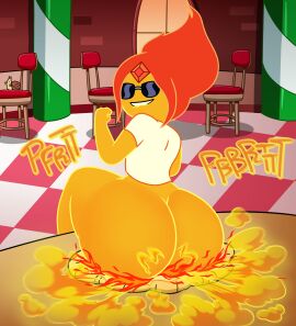 1girls 2d 2d_(artwork) adventure_time ass big_ass big_butt biting_lip bottomless cartoon_network fart fart_cloud fart_fetish farting fat_ass fat_butt female flame_princess huge_ass huge_butt looking_at_viewer looking_back looking_back_at_viewer orange_skin pizza rear_view red_hair sitting_on_food snail_(adventure_time) solo solo_focus sunglasses text thick_ass thick_butt thomzone warner_brothers
