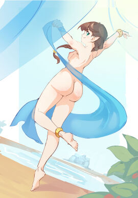 1girls anklet ass bracelet braided_hair breasts brown_hair dancer dancing elf female long_hair looking_at_viewer looking_back nude original pointy_ears small_breasts smile smiling solo solo_female