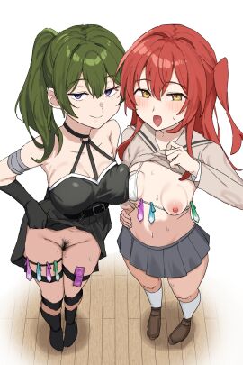 2girls :d absurdres black_choker blush bocchi_the_rock! bra bra_pull breasts choker clothes_lift clothes_pull commentary_request condom crossover dress dress_lift female female_pubic_hair from_above full_body green_hair grey_skirt hasegawa_ikumi highres jitome kita_ikuyo large_breasts long_hair looking_at_viewer multiple_females multiple_girls navel o-ring o-ring_choker one_side_up pleated_skirt pubic_hair purple_eyes red_hair school_uniform shirt_lift shuka_high_school_uniform side_ponytail skirt small_breasts smile sousou_no_frieren standing ubel_(sousou_no_frieren) underwear ura-_(gift_bit) used_condom voice_actor_connection