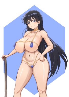 arato_nagi bikini black_hair blue_bikini blush breasts choker cleavage earrings female gold_choker hige_shinshi_(a-c-0880) huge_breasts jewelry long_hair micro_bikini nagi_arato navel purple_eyes ruri_no_houseki ruri_rocks smile solo standing swimsuit wide_hips