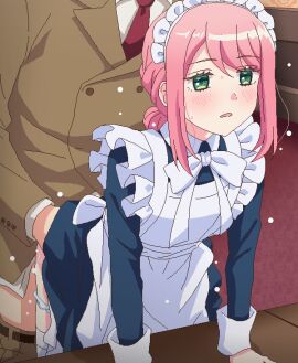 1boy apron clothed_sex commentary_request female green_eyes jaggy_lines kikaijikake_no_marie maid maid_apron maid_headdress male marie_(kikaijikake_no_marie) open_mouth panties pink_hair sex sex_from_behind straight tomu_(tomubobu) underwear