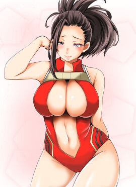 1girls adahcm ass big_ass big_breasts black-haired_female black_hair blush breasts closed_mouth female female_focus female_only hand_on_hip hero_outfit_(mha) leotard long_hair looking_at_viewer momo_yaoyorozu my_hero_academia ponytail red_leotard simple_background smile solo solo_female solo_focus sweat thick_thighs