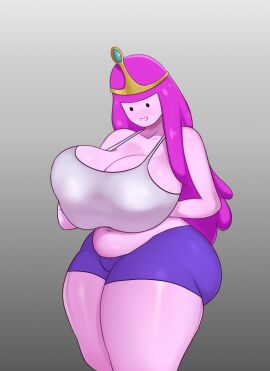 1girls adventure_time ass big_ass big_breasts bottomwear breasts cartoon_network cleavage clothed clothing crown female female_only headwear huge_breasts jigovax large_breasts navel pink_body pink_hair pink_skin princess_bubblegum purple_shorts shorts solo solo_female tank_top thick_thighs thighs topwear white_tank_top