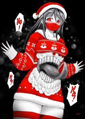 christmas christmas_outfit female kivonotbabu long_tongue monster_girl santa_hat sharp_teeth stomach_mouth sweater tongue tongue_out