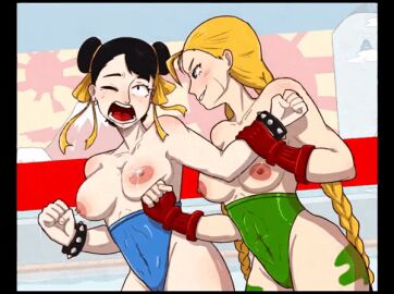 2girls artist_request blonde_female blonde_hair breasts british_female cammy_white capcom catfight chinese_female chun-li female happy happy_female interracial lactation leotard nipples pixiv public_topless punch punching street_fighter topless topless_female yuri