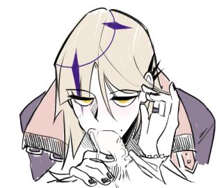 2boys adjusting_hair black_nails blonde_hair commentary cum cum_in_mouth english_commentary face_closeup fellatio gigglepox hair_between_eyes holostars holostars_english jewelry magni_dezmond male male_focus mole mole_above_mouth multiple_boys multiple_males oral protected_link ring short_hair simple_background skinny spiked_ear_piercing virtual_youtuber white_background yaoi yellow_eyes