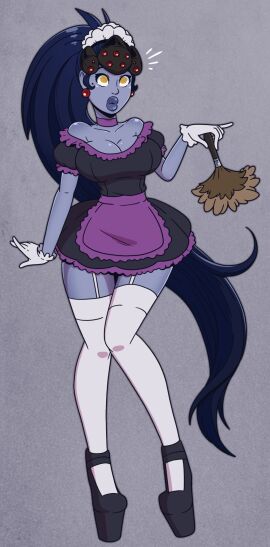 after_transformation apron big_lips bimbo bimbo_lips bimbofied black_heels blue_hair breasts choker cleavage dark_blue_hair dusting earrings exposed_shoulders female female_only frilled_dress frilled_gloves frills fully_clothed garter_straps gloves helmet high_heels holding_duster hypnosis inner_sideboob lipstick long_hair maid maid_apron maid_headdress maid_outfit maid_uniform mascara mind_control mole mole_under_eye overwatch overwatch_2 pearl_earrings ponytail post-transformation purple_choker purple_lipstick purple_skin purple_trim revealing_clothes shiny_lips short_skirt stockings thighhighs transformation white_gloves white_thighhighs widowmaker wrenzephyr2 yellow_eyes