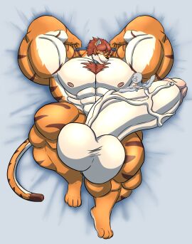 abs absurd_res anthro bed big_muscles big_nipples big_pecs big_penis body_hair brown_markings chest_hair cocky_smile duo faceless_character faceless_male felid fur furniture genitals hair hi_res huge_cock huge_muscles huge_nipples huge_pecs huge_thighs human hyper hyper_biceps hyper_genitalia hyper_muscles hyper_pecs hyper_penis hyper_thighs lying lying_on_bed male male_only mammal markings muscular nipples on_back on_bed orange_body orange_fur pantherine pecs penis shocked smile solo_male striped_markings stripes tail teeth thick_thighs tiger umbreoncloud vein veiny_penis white_body white_fur
