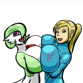 2girls :d blonde_hair breasts cleavage colored crossover expansion expansion_sequence female gardevoir green_eyes green_hair large_breasts metroid multiple_females multiple_girls nintendo oniontrain pink_eyes pokemon pokemon_(species) ponytail pressing_breasts_together samus_aran short_hair smile tied_hair zero_suit_samus
