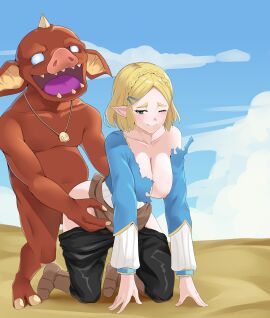 blonde_hair bokoblin breasts clothed_female_nude_male clothed_sex clothing color elf_ears elf_female female goblin goblin_male hair_pin interspecies kuroe_prime large_breasts light-skinned_female light_skin male moan moaning moaning_in_pleasure monster monster_on_female monster_sex necklace nintendo nintendo_switch on_knees open_eyes open_mouth pleasured pointy_ears princess_zelda red-skinned_male short_hair standing_sex straight_sex tagme taken_from_behind tears_of_the_kingdom the_legend_of_zelda the_legend_of_zelda:_tears_of_the_kingdom torn_clothes zelda_(tears_of_the_kingdom)