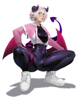 1girls beauty_mark bodysuit demon_wings female hoodie latex leoquezadilla pointy_ears round_glasses sneakers solo_female solo_focus spread_legs succubus succubus_horns succubus_tail techwear unzipped_jacket vt_faye