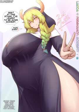 1girls braid breasts coffeeslice curvy curvy_female english_text female gigantic_breasts huge_breasts kobayashi-san_chi_no_maidragon lucoa miss_kobayashi's_dragon_maid multicolored_hair nun's_habit nun_outfit peace_sign plump pregnancy_progression pregnant pregnant_belly pregnant_female quetzalcoatl_(dragon_maid) solo speech_bubble two-tone_hair winking_at_viewer