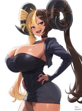 1girls aife_(zanamaoria) artist_request ass blonde_hair breasts brown_hair brown_skin demon dress female hi_res hips horns huge_breasts large_ass long_hair naughty_face original original_character png pointy_teeth succubus tan tan-skinned_female tanned_skin thick_thighs thighs twintails wide_hips