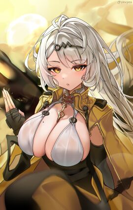 absurdres bikini blush breasts chinese_clothes coat coat_on_shoulders eyelashes female first_porn_of_character gloves hair_ornament highres large_breasts long_hair long_sleeves looking_at_viewer mole mole_on_breast open_clothes open_coat open_mouth solo swimsuit very_long_hair white_hair wings yellow_eyes yeuyes yixuan_(zenless_zone_zero) yunkui_summit zenless_zone_zero