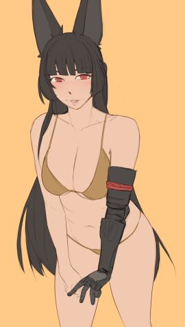 1girls 2d animal_ears bikini black_hair female female_only fox_ears hoshimi_miyabi kalruna robotic_arm solo swimsuit yellow_bikini zenless_zone_zero