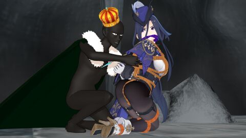 1boy 1girls 3d ass blue_hair breasts cleave_gag clorinde_(genshin_impact) dark-skinned_male duo female fontaine_girls gag gagged genshin_impact kidnapping male mmd nah pavro