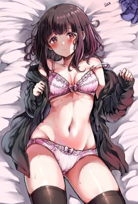 1girls 2d 2d_(artwork) amber_eyes artist_signature bangs bed belly belly_button black_hair black_jacket black_legwear black_stockings black_thighhighs blush bow bra breasts brown_eyes cameltoe closed_mouth dark_brown_hair dark_hair female hi_res hourglass_figure human in_bed jacket jacket_open laying_down laying_on_back laying_on_bed legwear light-skinned_female light_skin lingerie long_hair looking_at_viewer lying_on_back lying_on_bed medium_breasts menhera_shoujo_kurumi-chan nanase_kurumi_(menhera-chan) navel neutral_expression pale-skinned_female pale_skin panties panty_bow partially_clothed petite petite_body petite_female pink_bra pink_lingerie pink_panties pinup pussy sak_(lemondisk) shy slim_waist small_breasts solo straight_hair sweat thigh_highs thighhighs thighs underwear vagina_visible_through_clothing white_sheets wrinkles_in_clothes