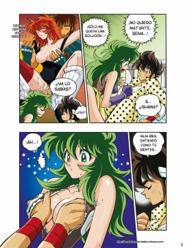 2boys 2girls breast_grab breasts bronze_saints brown_eyes brown_hair comic comic_page cum cum_in_pussy cum_inside dialogue eagle_marin female fujimoto_hideaki gold_saints grabbing_breasts green_eyes green_hair groping groping_breasts hands_on_breasts leo_aiolia long_hair male ophiuchus_shaina pegasus_seiya penetration pubic_hair pussy reddish_hair saint_seiya sex shounen_jump silver_saints spanish_dialogue spanish_text text vaginal_penetration vaginal_sex