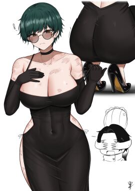 big_breasts black_dress blush breasts breasts_out burn_scar choker dress eyeliner female glasses gloves green_hair hand_on_breast heels high_heels jujutsu_kaisen male modakawa_dress okkotsu_yuta orimoto_rika scar shades short_hair showing_off yukaraishin yuta_okkotsu zenin_maki