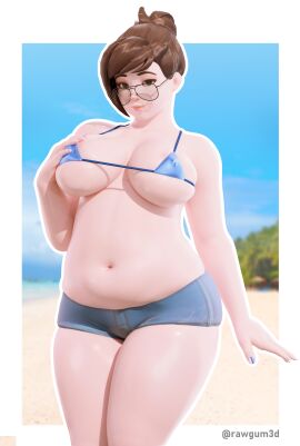 1girls 3d beach big_breasts big_thighs bikini bikini_top blender breasts chubby curvy denim_shorts female female_only glasses looking_at_viewer mei_(overwatch) overwatch overwatch_2 rawgum self_upload swimsuit