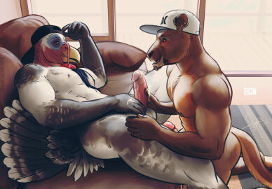 abs anthro avian backwards_baseball_cap backwards_hat balls baseball_cap bgn biceps bird bodily_fluids circumcised circumcision_scar clothing cum duo euplerid facial_hair fossa fur galliform genital_fluids genital_scar genitals hat headgear headwear humanoid_genitalia humanoid_penis male male_only mammal muscular muscular_anthro muscular_male nipples nude open_mouth pecs penis phasianid scar tail turkey