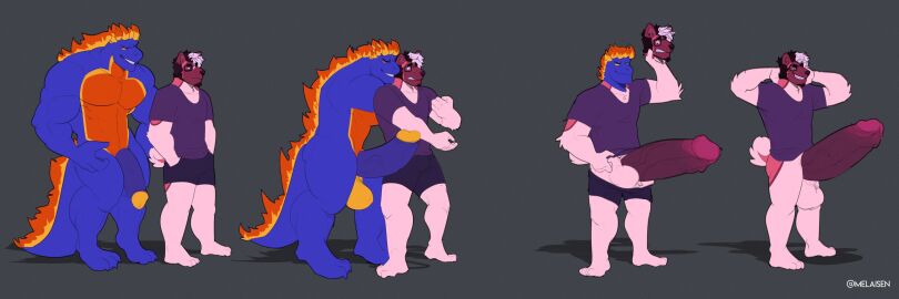 2021 absurd_res akita american_akita anthro artist_name balls barefoot bau_(melaisen) beard belly big_balls big_penis black_hair black_nose blonde_hair blue_body blue_bottomwear blue_clothing blue_penis blue_shorts blue_tail body_swap bottomless bottomwear bottomwear_down brown_body brown_fur brown_penis bulge canid canine canis character_transformation clenched_teeth clothed clothed_anthro clothed_male clothing countershading digital_media_(artwork) domestic_dog dragon duo erection eyewear facial_hair feet fur genitals glans glasses grey_background grin grindzy_(nephiclav) hair hi_res holding_head huge_balls huge_cock humanoid_genitalia humanoid_penis hyper hyper_balls hyper_genitalia hyper_penis male male/male mammal melaisen multicolored_body multicolored_fur multicolored_hair mythological_creature mythological_scalie mythology nude nude_anthro nude_male orange_belly orange_body orange_countershading orange_fur orange_hair partially_clothed penis pink_balls pink_body pink_fur purple_clothing purple_glans purple_shirt purple_t-shirt purple_topwear scalie shirt shorts shorts_down simple_background size_difference smile spitz t-shirt tail teeth topwear transformation two-tone_hair vein veiny_penis yellow_balls yellow_body yellow_glans