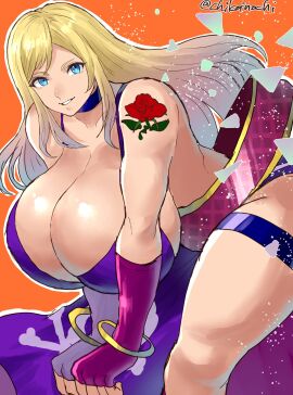 1girls 2d 2d_(artwork) alternate_breast_size b._jenet big_breasts blonde_hair blue_eyes breasts breasts_bigger_than_head chikoinochi cleavage curvaceous curvy_female dress dress_slit fatal_fury fatal_fury:_city_of_the_wolves feet_out_of_frame female female_only flower_tattoo garou:_mark_of_the_wolves gigantic_breasts gloves huge_breasts king_of_fighters large_breasts leaning_forward light-skinned_female light_skin long_hair purple_dress rose rose_tattoo shoulder_tattoo snk solo straps tattoo thick_thighs voluptuous voluptuous_female wide_hips