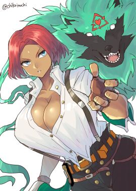 1girls big_breasts blue_eyes brazilian brazilian_female breasts busty chikoinochi cleavage curves curvy curvy_body dark-skinned_female dark_skin female female_only fingerless_gloves giovanna_(guilty_gear) gloves green_fur guilty_gear guilty_gear_strive huge_breasts large_breasts red_hair rei_(guilty_gear) revealing_clothes