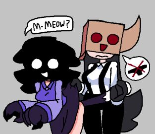 2girls anal_plug anal_tail anthro arcaned_roses bending_over bent_over black_hair black_handwear black_pants box box_head buttplug buttplug_in_ass buttplug_tail cat_ears cat_girl cat_paws cat_tail catgirl female light-skinned_female light_skin long_hair mask mystery_(roses_arcaned) no_panties packy_pandora_(roses_arcaned) purple_shirt purple_skirt purple_tail roses_arcaned text text_bubble white_shirt