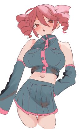 1girls :o breasts breasts_focus buttons cropped_legs detached_sleeves drill_hair female grey_shirt grey_skirt grey_sleeves hair_between_eyes kasane_teto large_breasts midriff navel open_mouth pink_trim pleated_skirt red_eyes red_hair red_trim sidelocks simple_background sleeveless sleeveless_shirt solo suggestive_look thighs twin_drills ur_(ur_o_) utau white_background