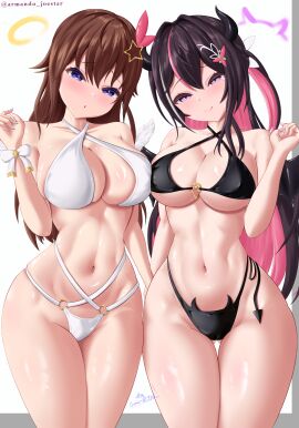 :p angel_wings armanditto azki azki_(hololive) belly belly_button big_breasts big_thighs black_and_pink black_and_pink_hair black_bikini black_hair black_swimsuit black_swimwear black_underwear blue_eyes blush blushing_at_viewer blushing_female breasts breasts_squeezed_together brown_hair cyan_nail_polish cyan_nails devil_horns devil_wings hand_up high_quality high_resolution holding_hand holding_hands hololive hololive_gen_0 hololive_japan light-skinned_female light_skin long_black_hair long_black_hair_female long_brown_hair long_brown_hair_female long_hair long_hair_female looking_at_viewer pink_blush pink_hair pink_nail_polish pink_nails purple_eyes reflection reflective_body reflective_clothing reflective_skin sexy_body sexy_female shy shy_expression signature signature_artist_name smile smiling smiling_at_viewer thick_breasts thick_hips thick_thighs thighs tokino_sora tummy two_females upscaled vtuber vtuberfanart vtubers waifu2x white_background white_bikini white_swimsuit white_swimwear white_underwear