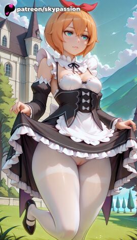1girls 2025 ai_assisted ai_generated anime artist_name blue_eyes blue_sky breasts bush bust clothes_lift cloud curtsey detached_sleeves dress dress_lift explicit hi_res high_quality high_resolution highres lifted_by_self maid mary_janes outdoors pantyhose patreon patreon_username petra_leyte re:zero_kara_hajimeru_isekai_seikatsu river roswaal_mansion_maid_uniform skirt skirt_hold skirt_lift sky skypassion solo stable_diffusion watermark white_apron white_legwear