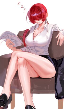 1girls absurdres armchair bare_legs black_footwear black_skirt breasts chair cleavage collared_shirt crossed_legs dan_koflove dan_koflove_(artist) dress_shirt drooling female hair_over_eyes highres holding holding_paper king_of_fighters large_breasts legs long_sleeves office_lady paper pencil_skirt ponytail red_hair shermie_(kof) shirt shoes simple_background sitting skirt sleeping solo white_background white_dress_shirt white_shirt zzz