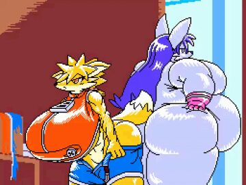 2girls animated ass big_ass big_breasts breasts bubble_ass bubble_butt female furry huge_ass huge_breasts inflation looping_animation overweight thick_thighs under4_mow wide_hips