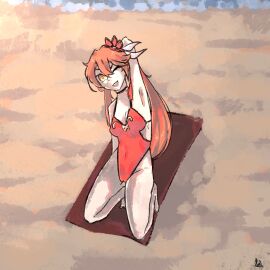 1girls beach beach_towel caisworld female guinaifen_(honkai:_star_rail) hair_ornament honkai:_star_rail honkai_(series) orange_hair swimsuit yellow_eyes