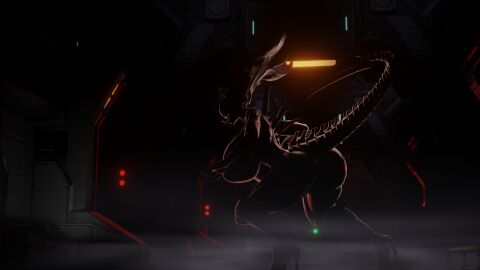 3d alien alien_(franchise) ass back_view barely_clothed blender bom39 breasts clothed curvy female femomorph fog heels large_ass large_breasts looking_at_viewer monster nkaiz00 pose spikes tail xenomorph_queen xenophilia