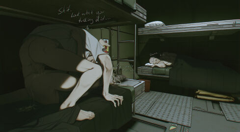 1girls 2boys ass bed bottomless clothing commentary couple cum cum_in_pussy cum_inside cum_overflow english_commentary english_text erection female folded heart highres indoors legs_up male male_masturbation masturbation mating_press moaning multiple_boys multiple_males obj_shep original pale_skin penetration penis pussy science_fiction sex shirt spread_legs starfield stealth_masturbation straight t-shirt talking vaginal_penetration variant_set white_hair white_shirt