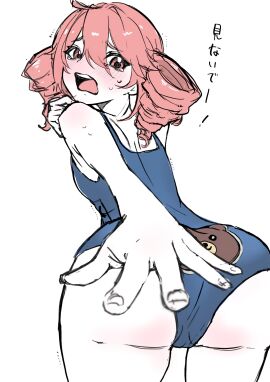 1girls 2d 2d_(artwork) ahoge ass ass_blush ass_focus back back_view big_ass big_thighs blush blush_lines breasts cameltoe covering covering_ass crying embarrassed embarrassed_female female female_only gume_08 japanese_text kasane_teto large_ass large_thighs looking_at_viewer looking_back low-angle_view open_mouth petite petite_body petite_female pussy pussy_lips red_eyes red_hair skinny skinny_female slim_girl slim_waist small_breasts solo solo_female sweat sweating swimsuit tearing_up tears text thick_thighs thighs twin_drills utau wide_hips