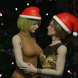 2girls 3d ashley_graham ashley_graham_(ella_freya) blender_(software) blonde_hair capcom cheryl_mason christmas christmas_hat couple crossover dbd dead_by_daylight female gesture heather_mason human konami light-skinned_female light_skin medium_hair nqmiko01 resident_evil resident_evil_4 resident_evil_4_remake silent_hill silent_hill_3 tentacle yuri