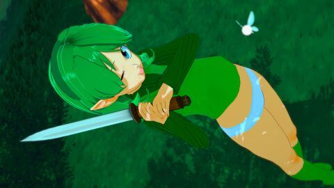 1girls 3d 3d_model elf_ears fairy female female_only green_hair hi_res high_resolution highres holding_sword image_set kaio-sheeen koikatsu kokiri navi nintendo ocarina_of_time panties petite pointed_ears saria solo the_legend_of_zelda tongue tongue_out underwear video_game video_game_character video_game_franchise winking_at_viewer
