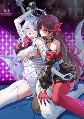 2girls absurdres ahoge anka_(tower_of_fantasy) aroused asymmetrical_legwear bare_shoulders black_choker black_hair black_jacket black_skirt black_thighhighs blue_eyes blush bondage bound bound_wrists breasts choker closed_mouth clothing_cutout covered_navel criss-cross_halter cuffs dress earrings elbow_gloves female garter_straps gloves groping_thighs halo halterneck hand_on_another's_thigh handcuffs heroine_in_trouble highleg highres hug hug_from_behind jacket jewelry large_breasts lazgear long_hair long_sleeves looking_at_another looking_at_viewer miniskirt mismatched_legwear multicolored_hair multiple_females multiple_girls no_shoes nose_blush off_shoulder open_mouth panty_straps partially_fingerless_gloves pelvic_curtain pink_eyes pleated_skirt red_gloves red_thighhighs revealing_clothes rope_bondage roslyn_(tower_of_fantasy) see-through shaded_face short_dress shredded_clothes sideboob sitting skindentation skirt sleeveless sleeveless_dress smile spaghetti_strap streaked_hair tail thighhighs thighs tight_bodysuit torn_clothes torn_dress tower_of_fantasy underboob underboob_cutout very_long_hair wariza white_dress white_gloves white_hair white_thighhighs yuri zalenhpe zettai_ryouiki