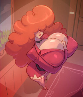 1girls belt big_breasts bigdad breasts breasts_bigger_than_head business_suit carpet cartoon_network choker clothed clothing color darnact female female_focus female_only hair_over_eyes hand_on_breast hi_res huge_breasts large_breasts light-skinned_female light_skin lipstick long_hair nipple_outline orange_hair powerpuff_girls red_lipstick sara_bellum skirt solo solo_female stockings tagme thick_thighs