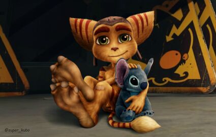3_toes 3d_background alien anthro artist_name balls band-aid band-aid_on_knee band-aid_on_leg bandage barefoot biped brown_clothing brown_headwear brown_stripes claws clothing digital_media_(artwork) disney experiment_(lilo_and_stitch) feet flaccid foot_focus foreskin fur genitals green_eyes headgear headwear hi_res holding_object holding_plushie lilo_and_stitch lombax male mammal markings mostly_nude mostly_nude_anthro mostly_nude_male paws penis plushie ratchet_(ratchet_and_clank) ratchet_and_clank sign sitting small_penis smile smiling_at_viewer solo sony_corporation sony_interactive_entertainment stitch_(lilo_and_stitch) striped_arms striped_body striped_ears striped_fur striped_legs striped_markings striped_tail stripes super_kubo tail tail_markings tail_tuft tan_body tan_fur toe_claws toes tuft uncircumcised